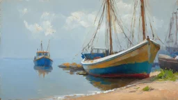 Impressionist port scene with a beached boat and a misty, serene atmosphere.