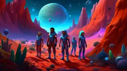 A diverse team of astronauts (different genders and ethnic backgrounds) standing on an alien landscape lit by two moons. The terrain is dotted with unusual rock formations and vibrant flora that glows softly. In the sky, swirling nebulae and distant galaxies add to the wonder of exploration. Mood: Awe-inspiring and adventurous. Style: Sci-fi digital painting.