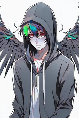 Anime man with black wings, realistic, wearing a hoodie