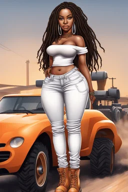 Create a digital airbrush cartoon of a curvy African American female wearing tight white jeans and a off the shoulder orange blouse. She is also wearing timberland boots. Prominent make up with hazel eyes. Highly detailed very long extremely dread locs black hair. Her skin is smooth and silky. Background of a track of ATV riders.