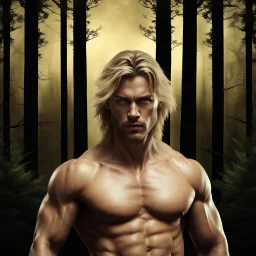 Tall muscaler man aged 35 with light shaggy hair which falls around his shoulders, blonde neatly trimmed beard, photorealistic, dark fantasy, forest.