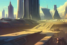 sunny day, city, sci-fi, people, epic