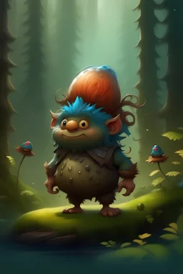 digital painting of a cute character of a mixed troll, mixed acorn, standing in a Nordic forest