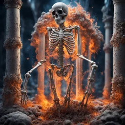 skeleton made of mycelium, greek pillars, fire particles, professional Photography, Fantasy Background, Intricate Patterns, Ultra Detailed, Luminous, Radiance, beautiful, high contrast, vibrant colors, Trending On Artstation, photorealistic