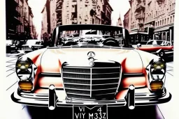 a true-to-life 1962 Mercedes Benz 300SE Convertible, centered, intricate, extreme detailed, photorealism, center view, city background, pivot on mercedes, pen and color marker, painting by cheryl kelley