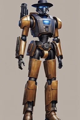 A Star Wars Combat Droid, Wearing Western Cowboy Clothes, Armour looks like Halo, Wearing a cowboy hat and a Cowboy Over-Coat.