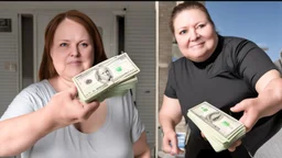 woman with fat hands gives a stack of cash to upgrade her iphone11. for an iphone 4