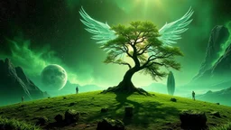 matrix universe, space, planets, god creation, angels from other dimensions with beautiful wings, trees on the planet, behind green crystals of light, few tiberium monolith deposits on the planet near tree,