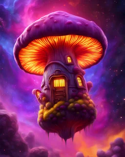 A lonely floating island mushroom house in space. yellow purple red, deep space nebulas. Detailed gloss Painting, bright color, fantastical, intricate detail, splash screen, hyperdetailed, insane depth, concept art, 8k resolution, trending on Artstation, Unreal Engine 5, color depth, backlit, splash art, dramatic, High Quality Whimsical Fun Imaginative, good composition