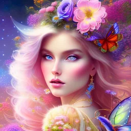 bright fairy, beautiful portrait, flowery landscape, cosmic atmosphere, perfect composition, 8k, super detailed, delicate flowers, complemfentary colours, intricate details