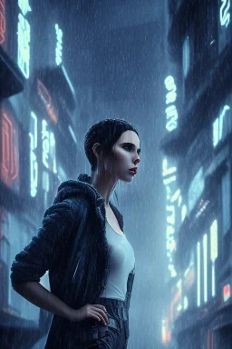 Blade Runner girl, raining, nostalgic, cold, dark blue, gloomy, heavy fog, 8k photorealistic, cinematic lighting, high details, dramatic, atmosphereric