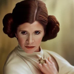 Hyperrealistic, 8k centered photographic portrait of [[Carrie Fisher as Princess Leia in Star Wars]], leica, 35 mm, technicolor, natural colors, telephoto, 24 mm, portrait photo by Annie Leibovitz, film, studio lighting, detailed skin, ultra realistic, bokeh, sharp features