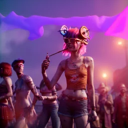 Ultra Realistic photo, medium shot view, drunken women, carnival scene, sexy steampunk. Pink hair, confeti, Sunglasses, smoking, happy, hot, red fog. highly detailed, concept art, unreal engine 5, ray tracing, RTX, lumen lighting, ultra detail, volumetric lighting, 3d, finely drawn, high definition, high resolution.