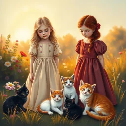 An elegant vertical painting suitable for a children's book cover or poster. Two young girls — one blonde, one redhead — in richly colored vintage dresses stand in a garden glowing with sunset light. Around them, three kittens rest peacefully: black, white, and ginger. The background shows softly glowing sky, flowers, and golden grass. The top third of the image is softly faded with light bokeh, creating space for a Hebrew or English title. The texture includes brush strokes, light craquelure, a