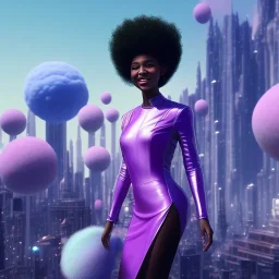 Ultra realistic photo. volumetric lighting , scientist. Young black woman, dark skin black woman. young, big smile. Joy. smiling. Afro futurism. Afro puffs. Blue hair. Ombré hair Cotton candy. Futuristic cities in background. Space. Space travel. Silver. Cities