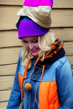 blonde taking selfie.thick thighs,thick calves,flat belly,curvy fell. big head. Mantle is sewed of upcycled Denim and sewed together of camouflage pieces. Pieces' color are orange, cream and purple. It is with big bright purple felt tippet and birght-colored-hood is merged with colorful beanie. Big colored headphones (gold rings!) is merged with small felt cap with small visor. Style: Haute Couture in 1950's Brazil, N.Y.C fashion in 2023