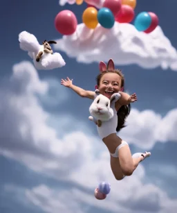 Ultra realistic speed clouds sky scene, wide angle view, childs falling down with many Childs background, rabbit head, inflatable monsters, circus dress style, feather color, free jumping flying, many trinkets, hair monster, many jelly beans, balls, color smoke, smile, happy, extreme, wind, clouds sea, 20,000 feet altitude, stratosphere, soft color, highly detailed, unreal engine 5, ray tracing, RTX, lumen lighting, ultra detail, volumetric lighting, 3d, finely drawn, high definition.