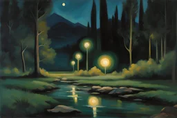 Night, rocks, trees, little puddle, mountains, beyond and trascendent influence, philosophic, 80's sci-fi movies influence, wilfrid de glehn and jenny montigny and rodolphe wytsman impressionism paintings