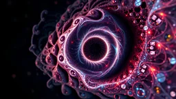 Looking into the eye of a galaxy of the most beautiful intricate fractals swirling going into infinity masterpiece, 32k resolution, dark fantasy concept art, lighting,hyperdetailed, intricately detailed, splash screen art, trending on Artstation, deep color, Unreal Engine, volumetric lighting, Alphonse Mucha, Jordan Grimmer, iridescent