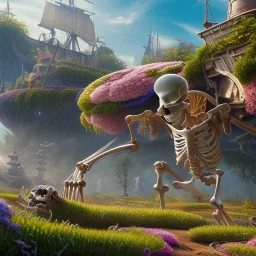 pixar style, volumetric summer garden environment and background, realistic painting of a shipwreck skeleton, looking excited, detailed digital painting, extreme dense and fine fur, anime, ornate, colour-washed colors, elegant, small minutiae, tiny features, particulars, centered, smooth, sharp focus, renderman gofur render, 8k, uhd, detailed eyes, realistic shaded volumetric lighting, sunlight caustics, backlight, centered camera view