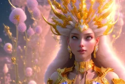 very beautiful crystal and gold goddess in a galactic ambiance, nice smiling, transparent petals, delicate colors, full of details, smooth, bright sunshine，soft light atmosphere, light effect，vaporwave colorful, concept art, smooth, extremely sharp detail, finely tuned detail, ultra high definition, 8 k, unreal engine 5, ultra sharp focus