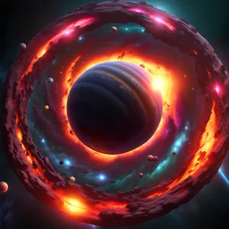 A solar system tightly orbiting a black hole, destruction, terror, ripping apart, colorful, beautiful abyss, vivid, 8k 3d, vray, highly detailed matte painting, action, concept art, phoptorealistic, dozens of brightly lit rings of destroyed orbiting bodies, perfect circles brilliant, vivid, neon dayglow