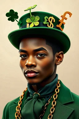 "A stylish young African male leprechaun with light skin and a dimple on his chin, looks like a young MichaelJackson. He has three antennas on his hat: one with a four-leaf clover, another with a dollar sign, and the third with a British pound sign. He has a modern and confident look, blending traditional leprechaun elements with unique and fashionable details." 8 ball chain