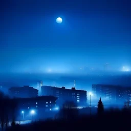 landscape of the city in the fog, blue hours, flashlights, full moon, 90's photo