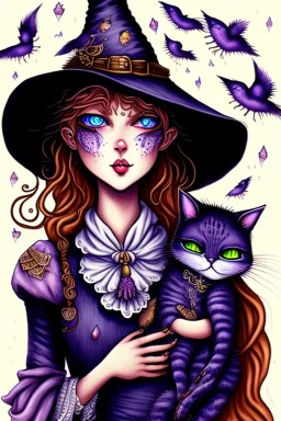 Cute friendly witch, playing with cute cats, perfect eyes, perfect iris, ink and pencil, style Elisabeth Kreitz