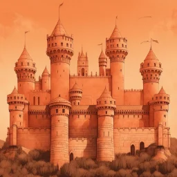 A light rosy orange colored fortress with swords painted by Leonardo da Vinci
