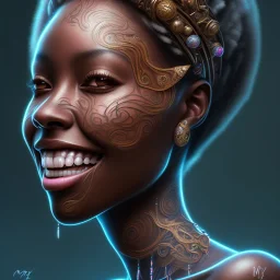 Portrait of black woman, smiling, sango fantasy, fantasy magic, intricate, sharp focus, illustration, lot's of grain on the skin, tribal tatoos,highly detailed, digital painting, concept art, matte, masterpiece, one head, high key lighting, volumetric light high details psychedelic background