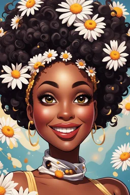 Create a abstract cartoon art style image of a curvy black female looking down with a smile on her face. Prominent makeup with hazel eyes. Highly detailed messy curly bun with a hair scarf tied on her head with large daisy flowers surrounding her. 2k