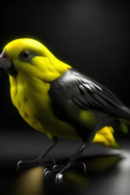 In Ultra Realistic 32k UHDR Photography Description: - of a canary in carbon fiber. - feathers - beak - talons