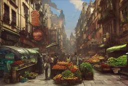 River and corner shop greengrocer in colorful Italian street+Gothic city+BioShock+Dishonored+Bloodborne +trieste+Edinburgh+Chicago+victorian London+decòpunk Skyscraper+ +steampunk+biopunk+alphonse mucha, greg rutkowski,matte painting, cryengine, hyper detailed, felix kelly, fantasy art, seb mckinnon