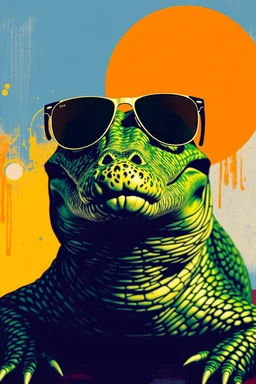 crocodile with sunglasses in the style of warhol