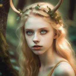 pretty girl, aged 19, blonde, conventionally attractive, dreamy, faun, satyr