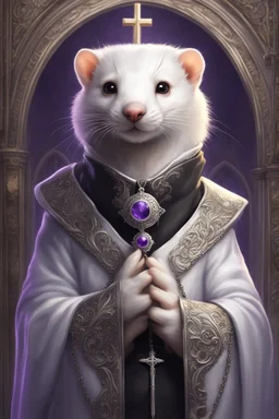 (anthropomorphic white ferret),dressed in ((cleric fantasy)) black clothes with silver holy ornaments, realistic anatomy, posing, cute face, fantasy inspire, fantasy church on background with warm sunshine lighty from behind, gloomy atmosphere, (((high angle shot))), purple armband, The holy icon style, RTX, praying, close eyes