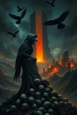 a weird bird-man creature in dark hooded and hat sitting on top of a tree stump, pile of skulls under his feet, under in valley a ruins city with fires and ash and bones, dark deep colors, style by Vincent Lefevre, El Kazovszkij, and Lovecraft , black ravens fly on the dakr sky, nightmare, dark dream of the end the world, in the background floating a tall dark magic gate into after-life, surreal weird art, cinematic