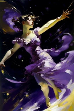 A violet outer space with shooting stars painted by John Singer Sargent