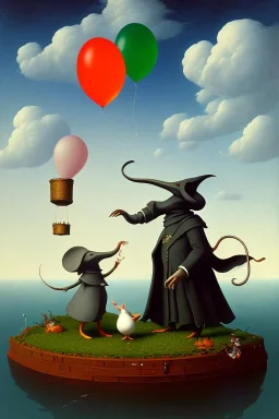 The Plague Doctor and a Mouse happily lost down the river attracted by mutual appreciation of their artistic desires in Balloon world, art by Magritte