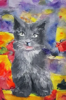 watercolor painting, happy cat, bright color,