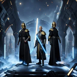 star wars bald male corellian jedi pilot wearing black and gunmetal grey old republic armored robes with gold trim, alone, battle-ready Jedi Master defending a ruined ancient city surrounded by golden light, centered head and shoulders portrait, hyperdetailed, dynamic lighting, hyperdetailed background, 8k resolution, volumetric lighting, light skin, fully symmetric details