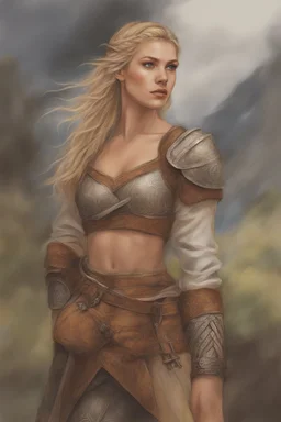 A drawing of beautiful woman with blond hair, viking braids Brown leather armor.