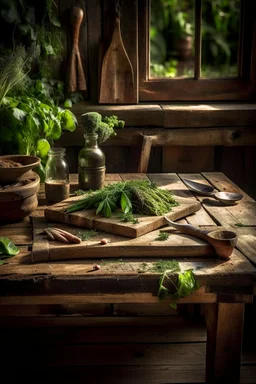 A rustic wooden cutting board, aged oak surface textured with knife marks, surrounded by vintage kitchen tools and fresh garden herbs cascading off the edges, positioned on a rough farmhouse table, ambient warm light casting soft shadows, still life photography, high dynamic range, rich earth tones.