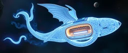 swirley whip tailed, celtic knot hollow tube transparent core ornate indented space ship, shiny bright mega ship flourescent white blue like bubble gum with a few big windows and decks, interdimensional twister, rock against colored spaced fog, space interior. split tail, winged serpent, glowing aura