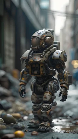 insulated armor, spacesuit, lots of small details, sci-fi movie style, on a ruined city street, overcast, photography, bokeh like f/0.8, tilt-shift lens 8k, high detail, smooth render, down-light, unreal engine