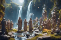 archeologists discovering storm giant people in Rivendell worshipping statues and idols, on a strange planet with weird colors and waterfalls, bokeh like f/0.8, tilt-shift lens 8k, high detail, smooth render, down-light, unreal engine, prize winning