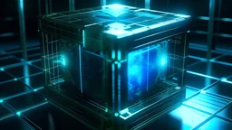 Cube tesseract from movie Loki. Located strictly in the middle of picture with space around it and with navy blue/green glow inside tesseract. Without surface on which it stay. Will be used for 404 error page.