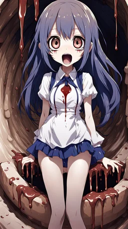 Anime girl with big eyes, darkblue and sepia tones, fullbody, slime, the perspective looking up from the bottom of an empty well, rolling eyes, tongue out, blood drip, open mouth, big thighs, long hair white,