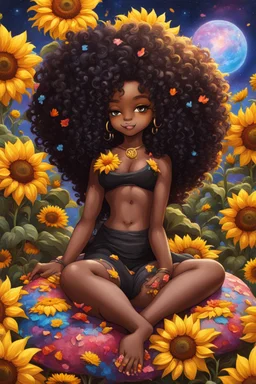 A sassy thick-lined oil painting cartoon black chibi girl lounging lazily on her side, surrounded by colorful flower petals. She is in the middle of the astrological Leo symbol with Prominent makeup. Highly detailed tightly curly black afro. Background of large yellow sunflowers surrounding her . Looking up coyly, she grins widely, showing sharp lion teeth. Her poofy hair forms a mane framing her confident, regal expression.